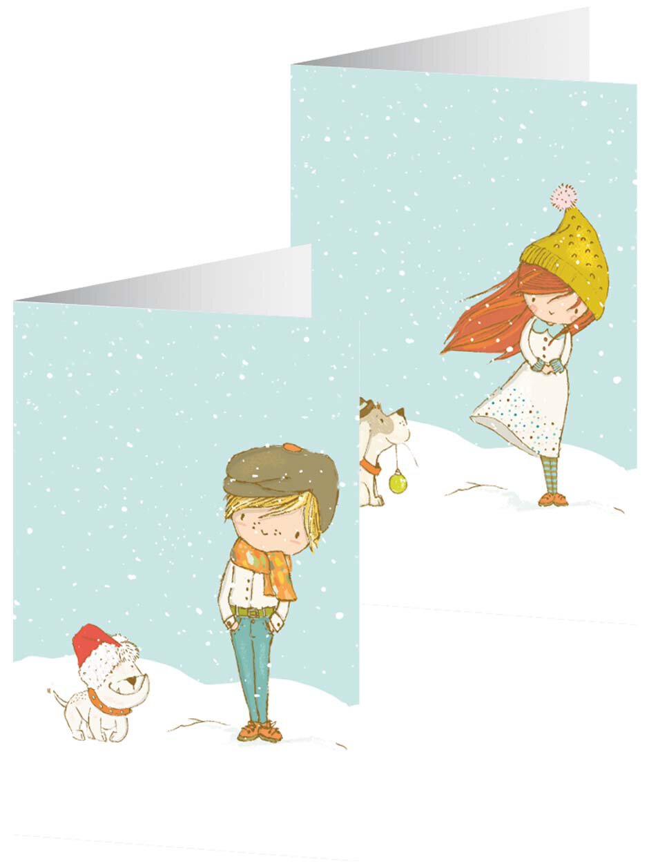UNICEF Weihnachtskarte Junge oder Mädchen im Schnee mit Hund