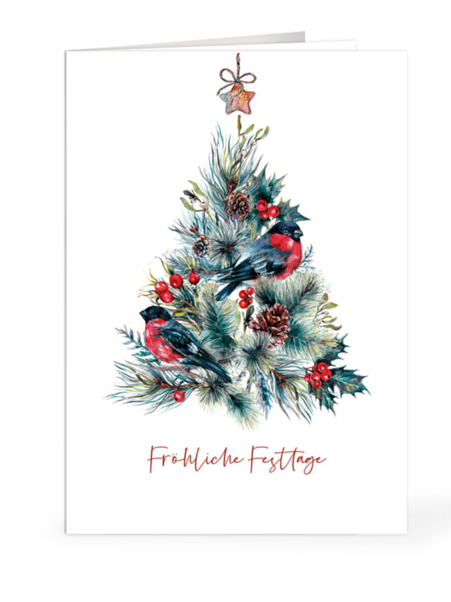 Weihnachtskarte mit Christbaum auf weißem Hintergrund