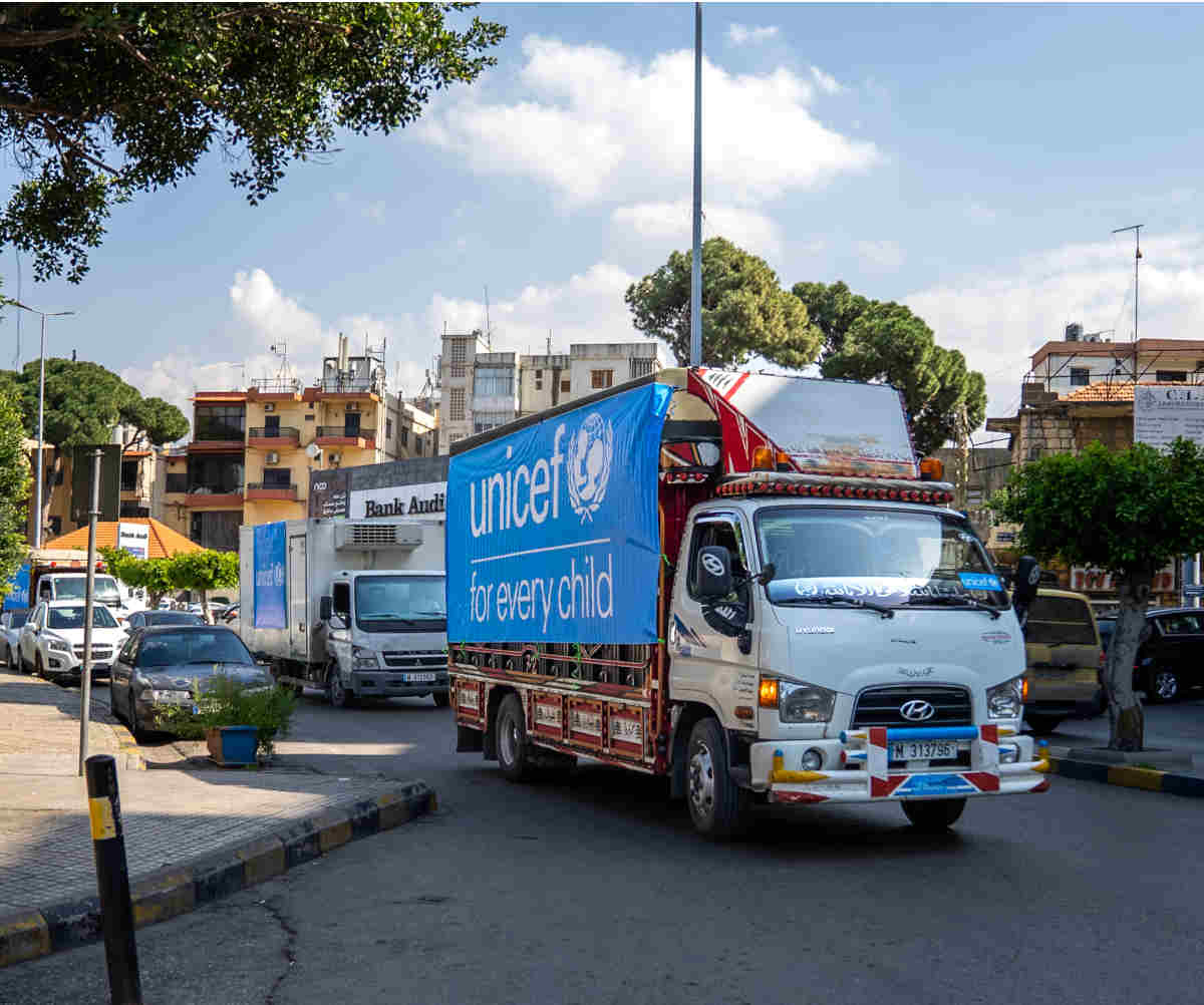 UNICEF-Lkw mit Hilfsgütern im Libanon.